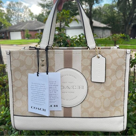 NWT | COACH Signature Khaki Dreamer Dempsey Stripe Tote Satchel Handbag 8448 - Picture 7 of 10